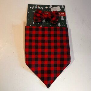 Red Black Plaid Dog Bow Tie and 29" Scarf for 12-35 lbs Pups Christmas Attire